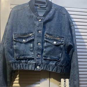 Blu[edit] Denim Cropped Bomber Jacket - Blue